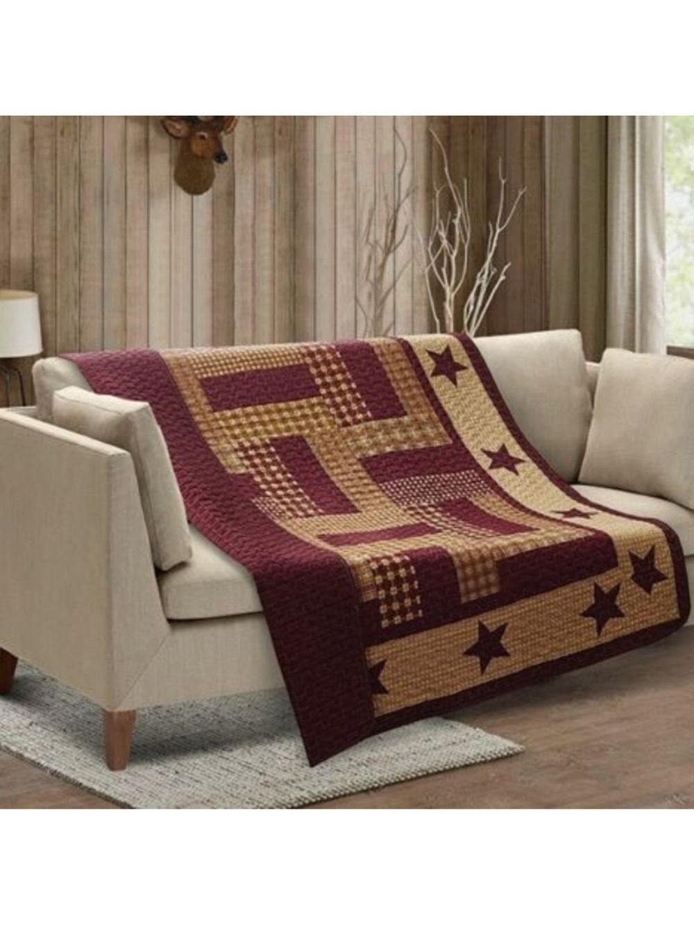 Farmhouse Burgundy Star Printed Quilted Throw Blanket Primitive Cottage Plaid